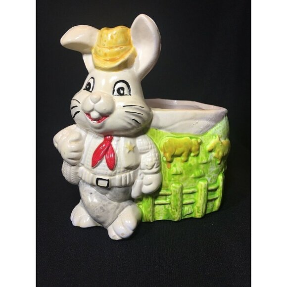 Vintage Ceramic Planter. Bunny Rabbit Farm Country Sheriff. Planters N Things 86 - Picture 1 of 7
